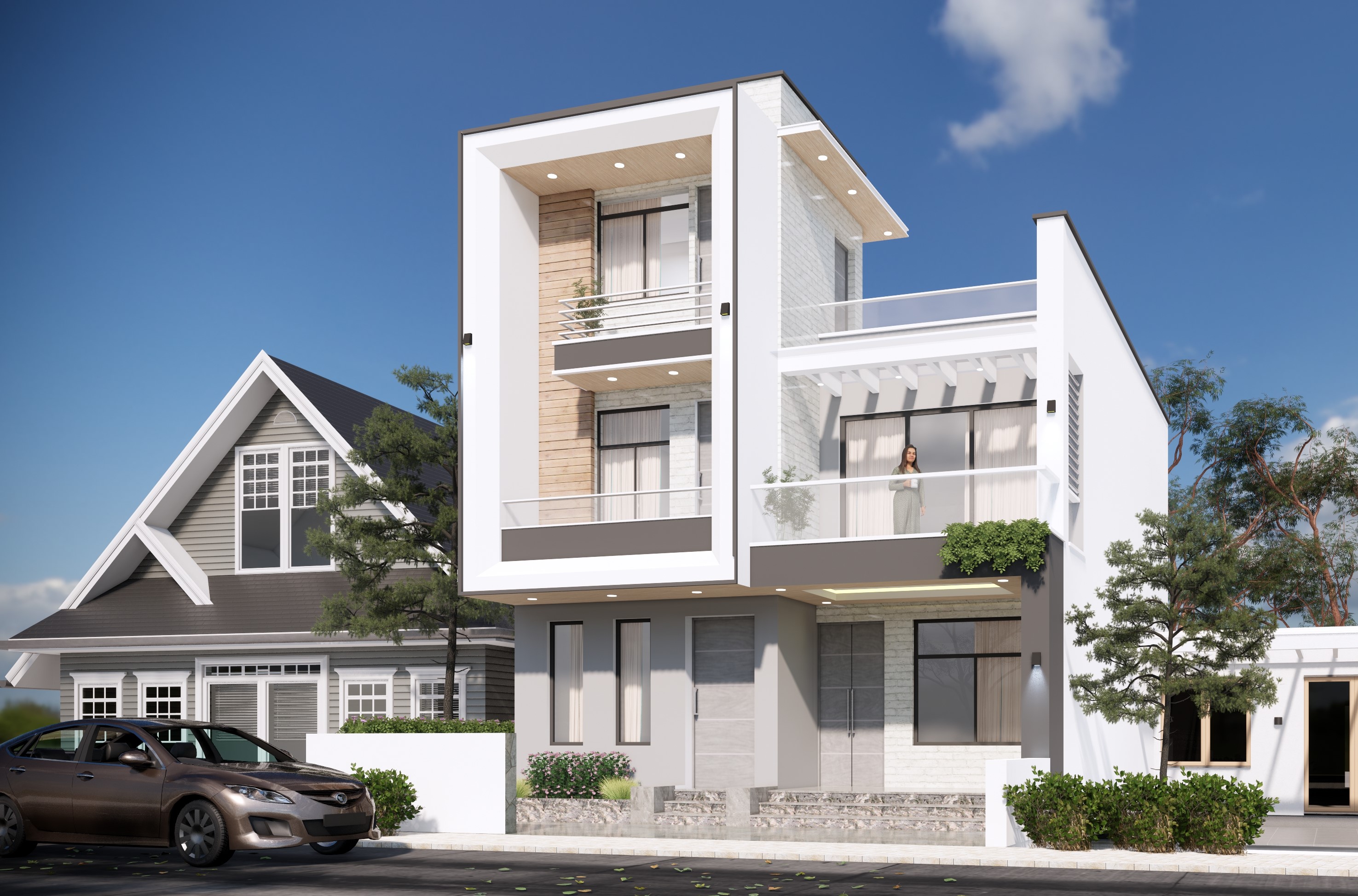 Completed modern home exterior in soft daylight