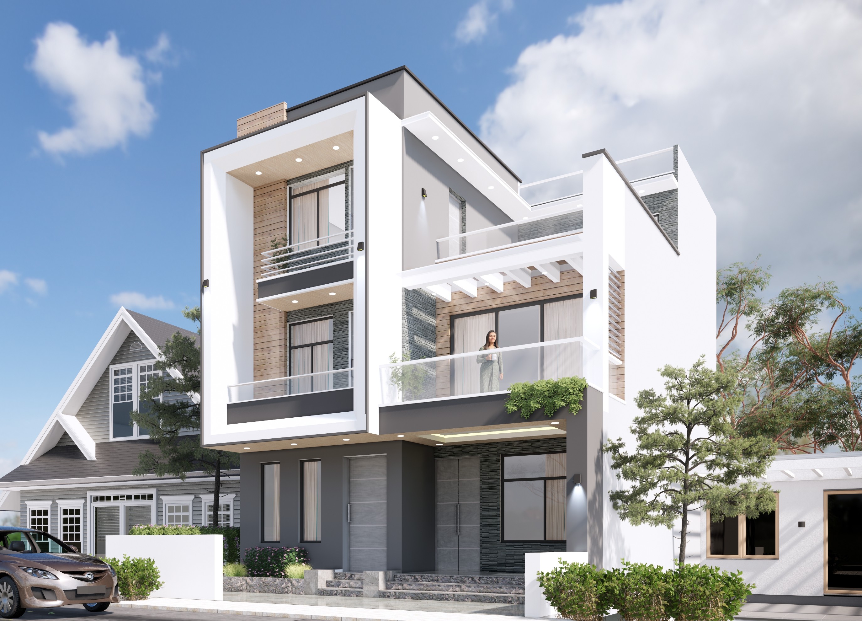 Modern home exterior at dusk with financial growth chart overlay